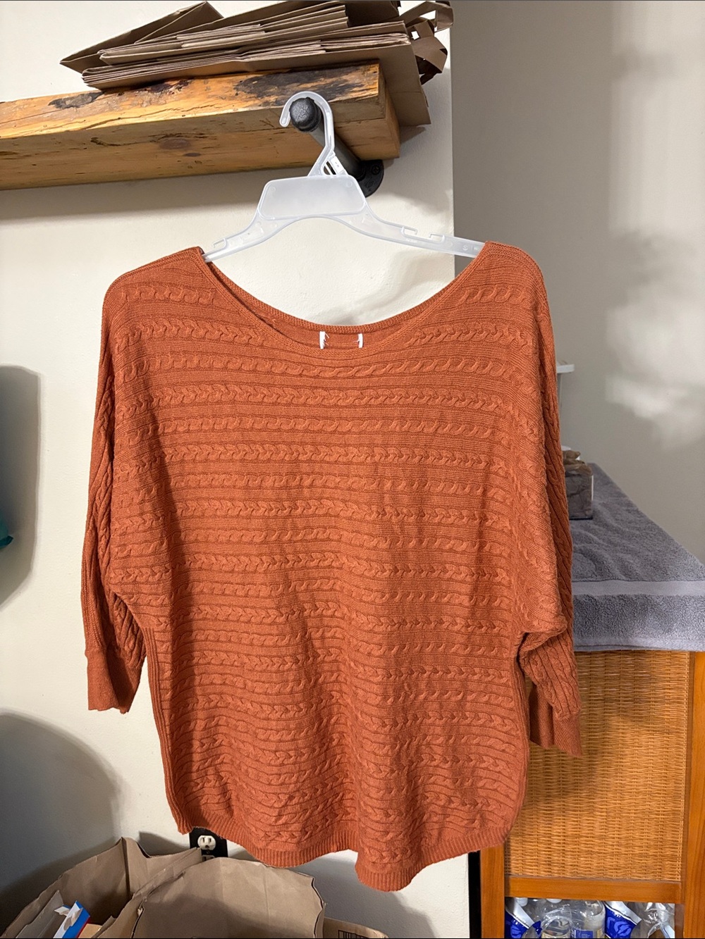 Relaxed Scoop-Neck Cable Knit Sweater in Terracotta